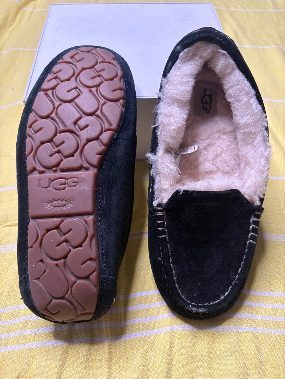 UGG Black Ansley Suede Shearling-Lined  Moccasin Slippers Slip-on Loafers Shoes